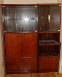 Two Section Mid Century Modern Exotic Wood Display And Utility Cabinet