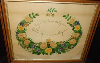 1820s Theorem Painting Of Wreath Of Flowers With Motto.