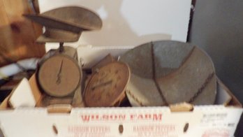 Set Of Antique Vegetable Scales With Large Pan And Table Scales.
