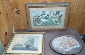 Three Battle And Marine Ship Prints.
