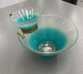 Vintage Aqua Blue Gold Trim Chip Bowl & Dip Bow