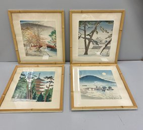 Four Japanese Prints Or Watercolors With Faux Bamboo Frames