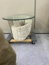 Vintage Postmodern Natural Mactan Stone Accent / End Table With Glass Top Retail $1280 Chairish