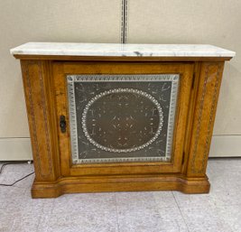 Small Marble Top Italian Glass Door Credenza With Lighted Interior