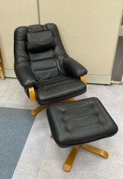 Mid Century Style Swedish Black Leather Swivel Lounge Chair And Ottoman