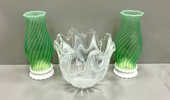 Murano Glass Vase And Two Fenton Type Candlestick Shades
