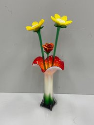 Large Murano Style Glass Vase And Glass Flowers