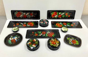 Vintage Russian Hand Painted Floral Tole Folk Art