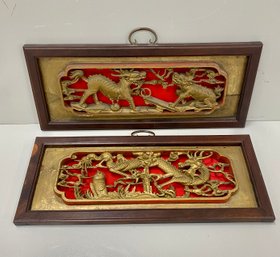 Pair Best Quality Antique Vintage Chinese Carved Wood Panel With Dragons 24' X 10'