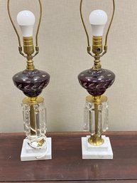 Pair Antique Vintage Bohemian Ruby Red Cut To Clear Marble Base Lamps