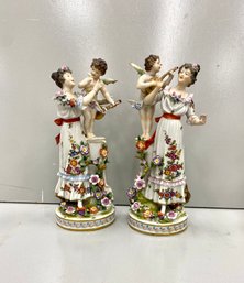 Fine Pair Antique Capi Di Monte Figures With Winged Cherub Angel Musicians