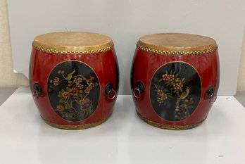 Pair Chinese Asian Hand Painted Drum Accent Tables