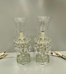 Pair Glass  Lamp Sconces With Prisms And Etched Shades