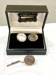 Vintage Sterling Silver Cuff Links And Tie Clip Pre 1964 Roosevelt Dimes