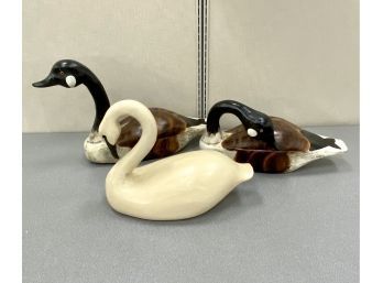 Three Carved Wooden Geese Decoys