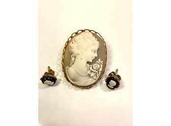 Cameo Brooch And Two Earrings