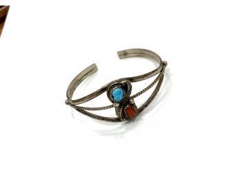 Signed Native American Sterling Silver Turquoise And Coral Bracelet