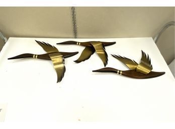 Vintage Mid Century Wood And Brass Duck Trio Wall Art