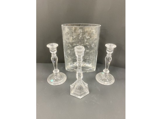 Tiffany Glassware Including Large Vase And Candlesticks
