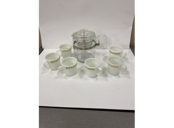 Pyrex Coffee Percolator Maker And Six Pyrex Butterfly Gold Coffee Mugs