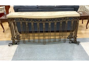 Vintage Heavy Wrought Iron Console Table With Stone Travertine Top 73'
