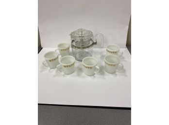 Pyrex Coffee Percolator Maker And Six Pyrex Butterfly Gold Coffee Mugs