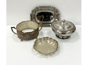 Silverplate  Including Old Unmarked Sheffield Covered Bowl  And Repousse Holder