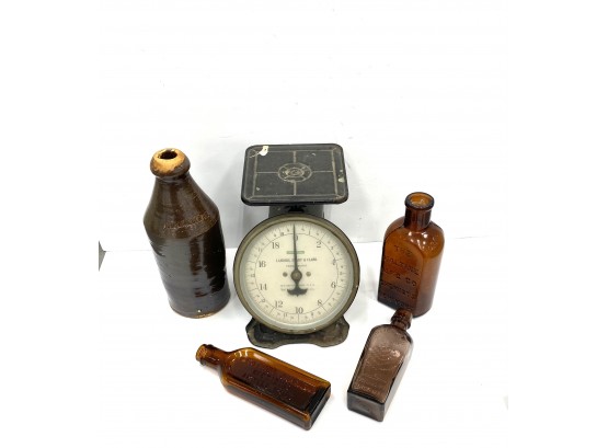 Antique Scale With Stoneware Beer Bottle And Three Medicine Bottles