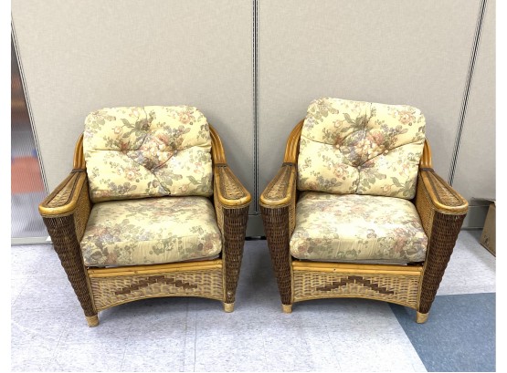 Outstanding Pair Wicker Rattan Armchairs With Cushions