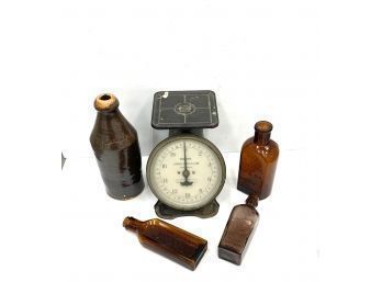 Antique Scale With Stoneware Beer Bottle And Three Medicine Bottles