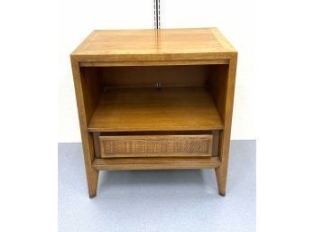 Mid Century Walnut And Rattan One Drawer Side Table