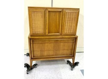 Vintage Mid Century Modern Walnut And Rattan Highboy Dresser  Chest
