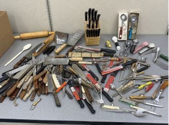 Large Lot Knives Ice Cream Scoops Etc