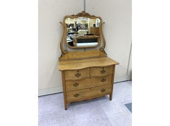 Antique Victorian Oak Dresser Chest With Carved Mirror