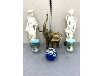 Vintage Asian Lot Including Large Brass Elephant And Pair Chinese Vases And Figures