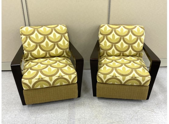 Pair 2008 Mid Century Style Crate And Barrell Wood Lounge Armchairs