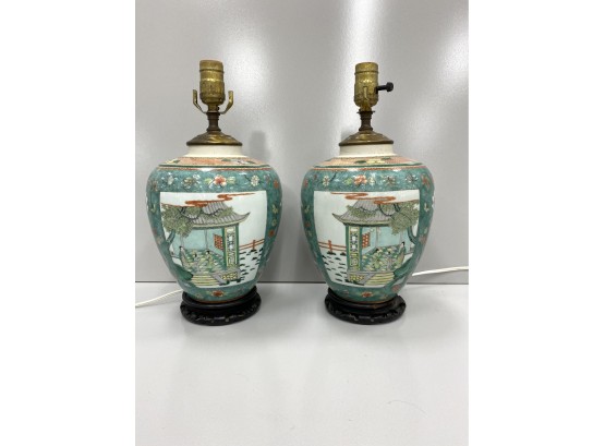 Pair Fine Antique Chinese Famille Verte Vases With Mirror Image Scenes