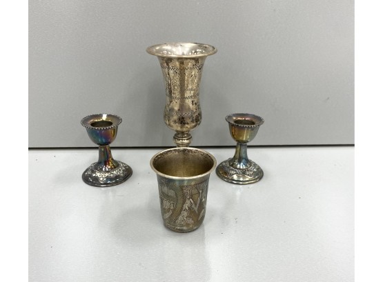 Russian 84 Silver Cup With Kiddish Cup And Pair Candle Sticks
