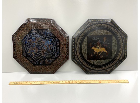 Two Intricately Painted Thai Lacquerware Wall Hanging Plates