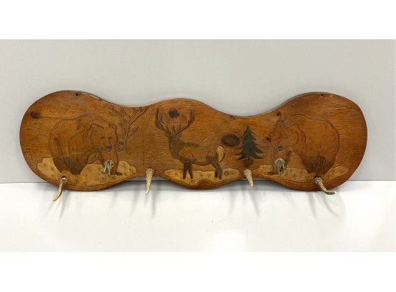 Vintage Carved Engraved Folk Art Hat Rack With Deer Horns And Bears