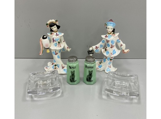 Pair Mid Century  Lefton Asian Figures Dated 1956 With Two Kosta Boda Glass Items