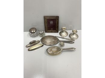 Sterling Silver  Items  Including Frame And Dressing Jars
