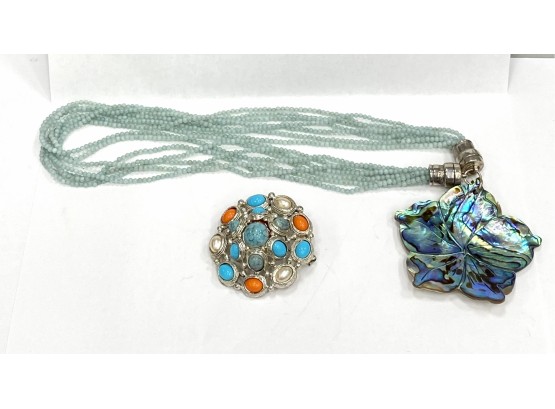 Sterling Clasp Abalone Necklace And Costume Pin Brooch