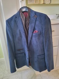 Blue Corduroy English Laundry Jacket With Built In Collar - Pocket Square - Elbow Patches  - Large