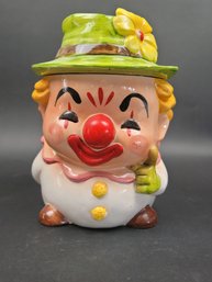 Smiling Clown Cookie Jar With Green Hat And Yellow Flower Japan Vintage