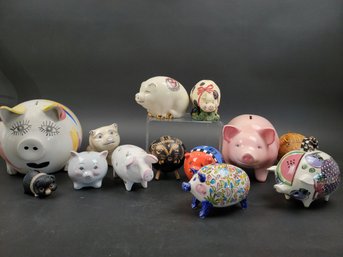 Piggy Bank Lot - 13 Pigs - Some Signed - One Harvard - Several Sizes