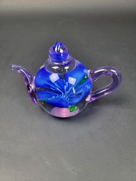 Dynasty Collection Hand Blown Purple Tea Pot With Flower Paper Weight
