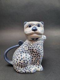 Blue And White Cat Creamer Thailand About 6.5 Inches Tall  - Hand Painted - About 7 Inches