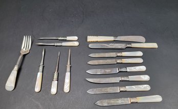 Misc Nut Picks And Knives Silver Plate With Mother Of Pearl - One Fork Marked Sterling