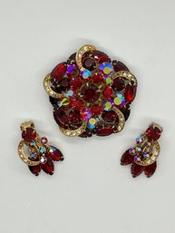 Fabulous Vintage 1950's Pinwheel Red-red AB Rhinestone Brooch Pin With Matching Clip On Earrings Set